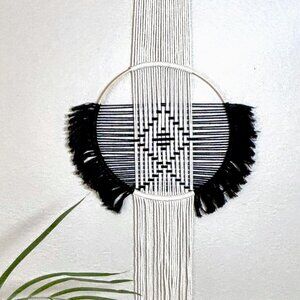 Woven Macrame Black Beige Boho Contemporary Diamond Geometric Wall Hanging New